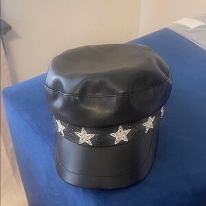 Black Leather Cap with Star Accents